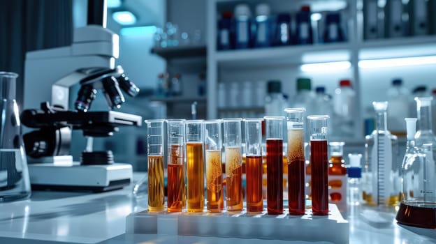 Test tubes on the background of a microscope in the laboratory. Selective focus. Medicine.