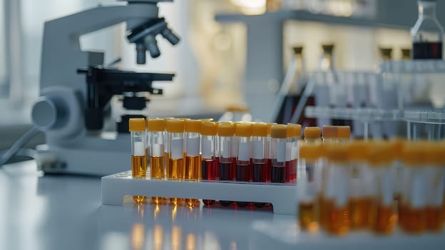 Test tubes on the background of a microscope in the laboratory. Selective focus. Medicine.