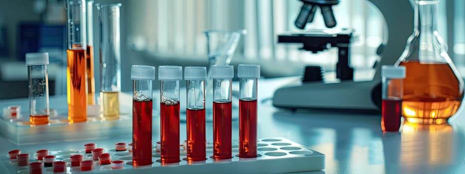 Test tubes on the background of a microscope in the laboratory. Selective focus. Medicine.