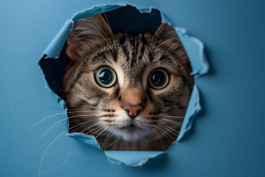 A Felidae, small to mediumsized cat with whiskers and an azure coat, peeks through a hole in a piece of paper with its carnivorous snout and electric blue eyes