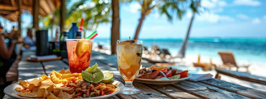 lots of delicious food with the beach in the background. Selective focus. food.