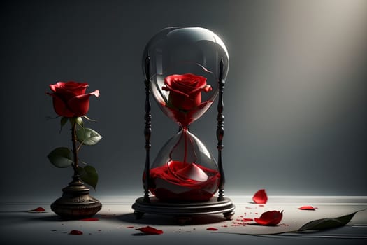 hourglass and rose, time and aging concept .