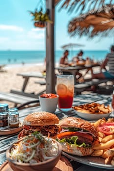 lots of delicious food with the beach in the background. Selective focus. food.