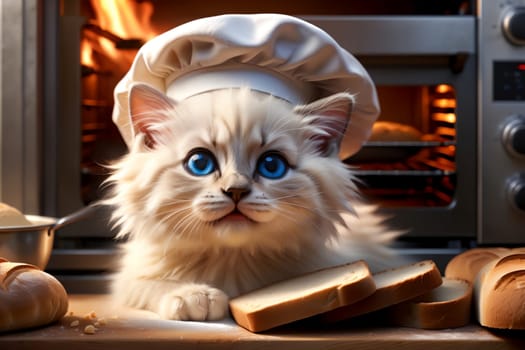 cute cat in a chef's hat with baked fresh bread .