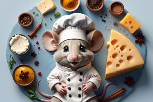 cute mouse with cheese, top view .