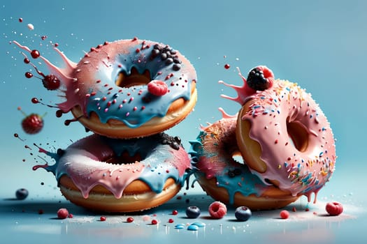 delicious bright sweet donuts with colored glaze and berries .