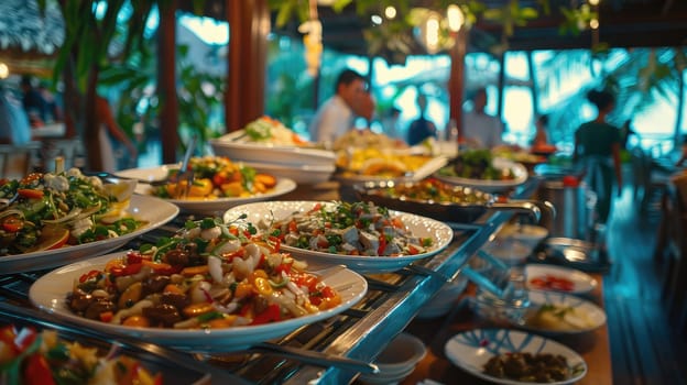 lots of delicious food with the beach in the background. Selective focus. food.