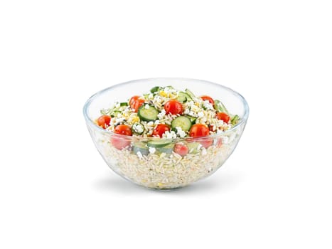 Orzo Salad with cherry tomatoes cucumbers feta and olives served in a transparent glass bowl. Food isolated on transparent background.