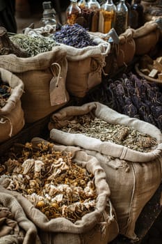 Dried flowers and herbs, infusions and decoctions on the market. Selective focus. nature.