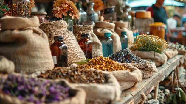 Dried flowers and herbs, infusions and decoctions on the market. Selective focus. nature.
