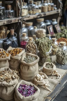 Dried flowers and herbs, infusions and decoctions on the market. Selective focus. nature.