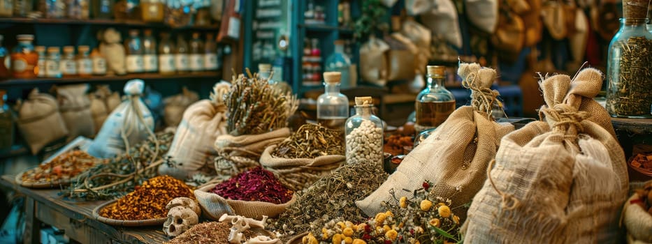 Dried flowers and herbs, infusions and decoctions on the market. Selective focus. nature.