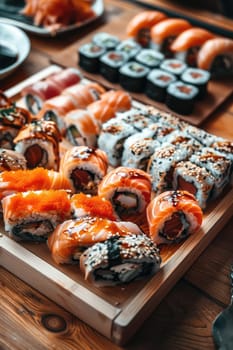 A variety of sushi and rolls on a plate. Selective focus. food.