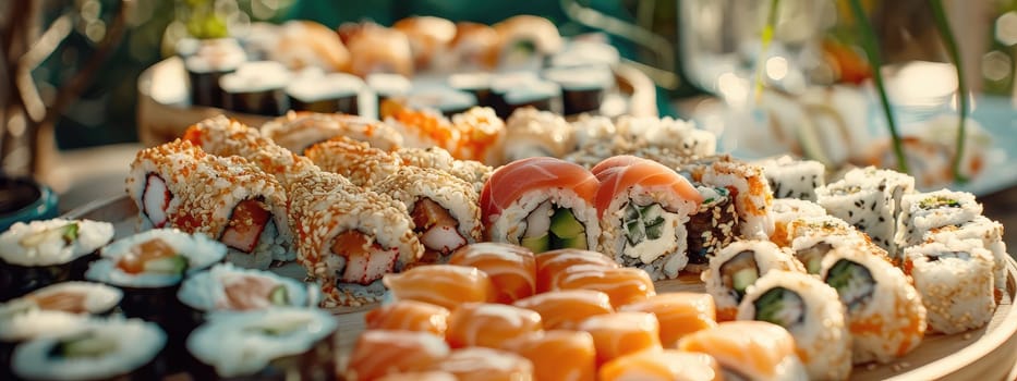 A variety of sushi and rolls on a plate. Selective focus. food.