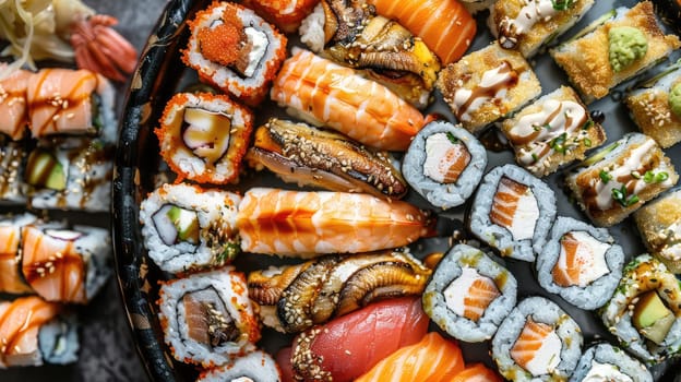 A variety of sushi and rolls on a plate. Selective focus. food.