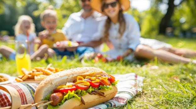 Hot Dogs picnic with family in the park. Selective focus. Food.