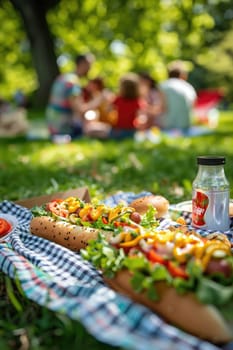 Hot Dogs picnic with family in the park. Selective focus. Food.