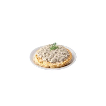 Biscuits and gravy with flaky biscuit sausage gravy steaming and levitating Food and culinary concept. Food isolated on transparent background.