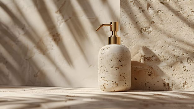 A glass bottle soap dispenser with metal pump sits on a wooden table against a stone wall, blending modern design with rustic elements