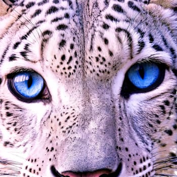 Animal isolated on transparent background. Regal snow leopard Panthera uncia thick spotted fur coat piercing blue eyes Animal photography.