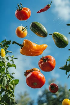 A splash of fruits and vegetables in the garden. Selective focus. nature.