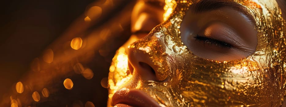 gold mask on a woman's face. Selective focus. spa.