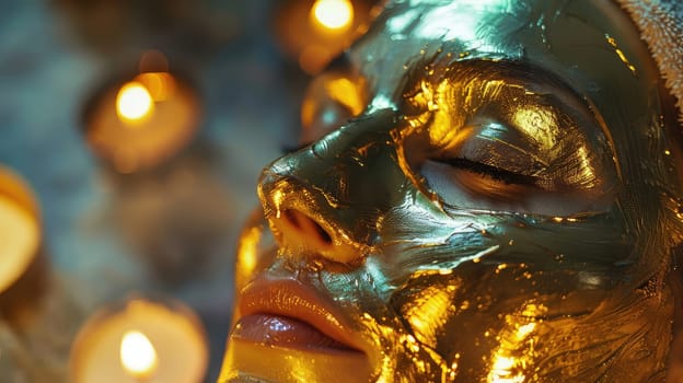 gold mask on a woman's face. Selective focus. spa.