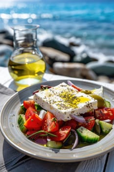 Greek salad against the backdrop of the sea. Selective focus. food.