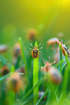 Tick in the park on the grass. Selective focus. Nature.