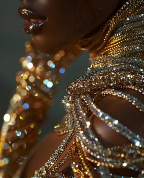 Macro photography of a woman adorned with a mix of gold and silver jewellery. The intricate patterns and circles create a stunning fashion accessory at the event, with pops of electric blue