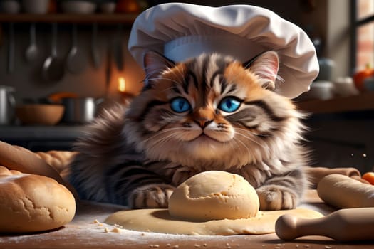 Professional chef, cute cat in a chef's hat kneads dough for bread .