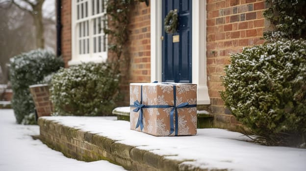 Christmas gift delivery, postal service and holiday present online shopping, wrapped parcel box on a country house doorstep in a snowing winter, post-processed, generative ai