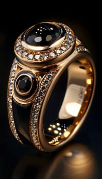 A body jewelry piece featuring a gold ring adorned with a black gemstone and sparkling diamonds a stunning fashion accessory made of natural materials