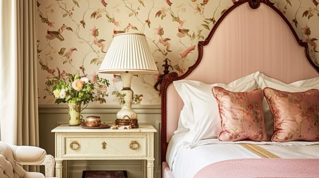 Charming bedroom decor, interior design and home decor, bed with elegant bedding and bespoke furniture, English country house, holiday rental and cottage style interiors