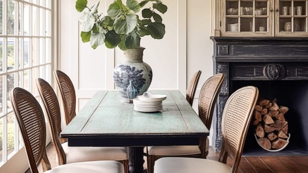 Wooden cottage dining room decor, interior design and country house furniture, home decor, table and chairs, English countryside style interiors