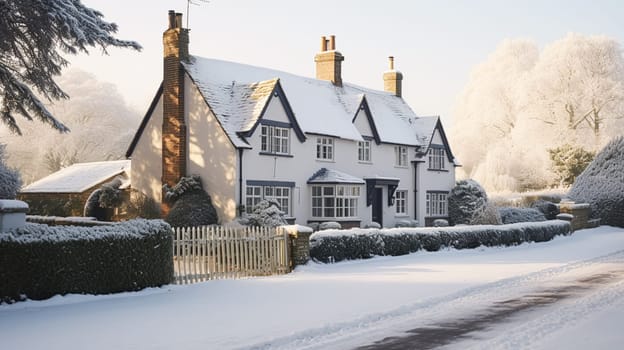 Beautiful country cottage decorated for Christmas on a snowy winter day, holiday and celebration, post-processed, generative ai