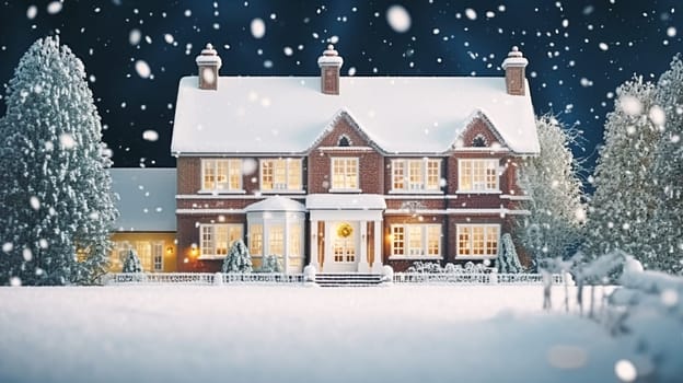 Christmas in the countryside manor, English country house mansion decorated for holidays on a snowy winter evening with snow and holiday lights, Merry Christmas and Happy Holidays design