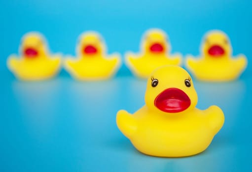 Close up of rubber duck with blur background of other rubber ducks. Leadership concept.