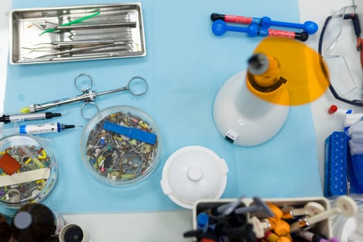 Different dental instruments and tools in a dentists office.