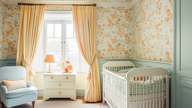 Baby room decor and interior design inspiration in beautiful English countryside style cottage