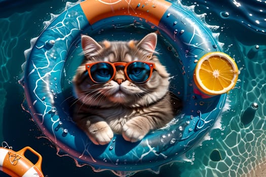 cat in an inflatable ring floats on the sea, top view .