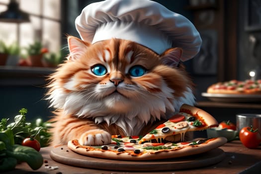 Professional chef, cute cat in a chef's hat prepares pizza .