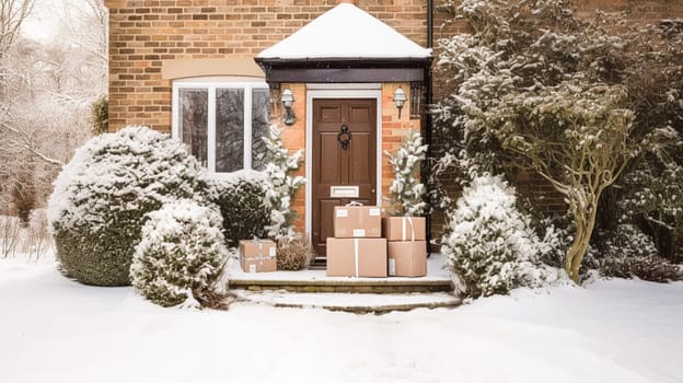 Christmas gifts delivery, postal service and holiday presents online shopping, wrapped parcel boxes on a country house doorstep in a snowing winter, post-processed, generative ai