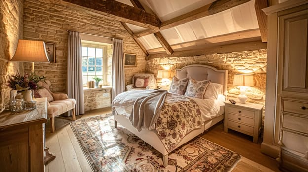 Cotswolds cottage style bedroom decor, interior design and home decor, bed with elegant bedding and bespoke furniture, English countryside house or holiday rental