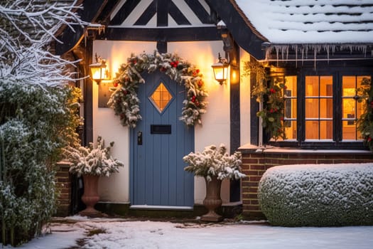 Christmas holiday, country cottage and snowing winter, wreath decoration on a door, Merry Christmas and Happy Holidays wishes, post-processed, generative ai