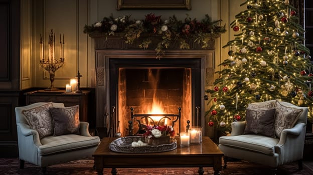 Christmas at the manor, English countryside decoration and festive interior decor