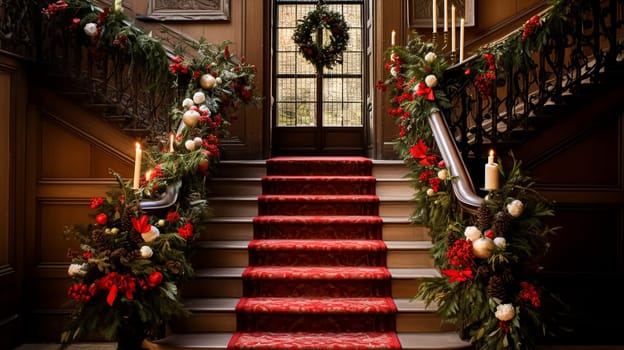 Christmas at the manor, grand entrance hall with staircase and Christmas tree, English countryside decoration and festive interior decor