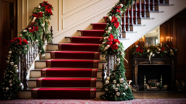 Christmas at the manor, grand entrance hall with staircase and Christmas tree, English countryside decoration and festive interior decor