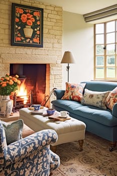 Cottage interior with modern design and antique furniture, home decor, sitting room and living room, sofa and fireplace in English country house and countryside style interiors