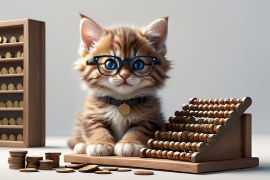 cat accountant in glasses with wooden abacus .